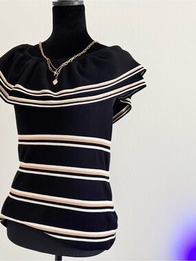 White House Black Market Black Striped Ruffle-Neck Top